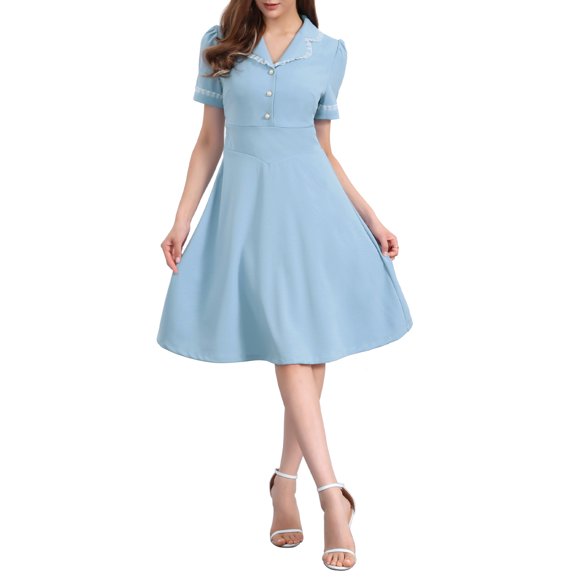 INSPIRE CHIC Vintage Midi Dress for Women's 2024 Work Peter Pan Collar Dresses L Dusty Blue