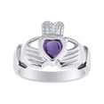 thumbnail image 1 of RYLOS Rings Sterling Silver Claddah Love, Loyalty & Friendship Heart 6MM Gem Irish Wedding Band Claddagh Rings February Amethyst Jewelry Size 13, 1 of 7