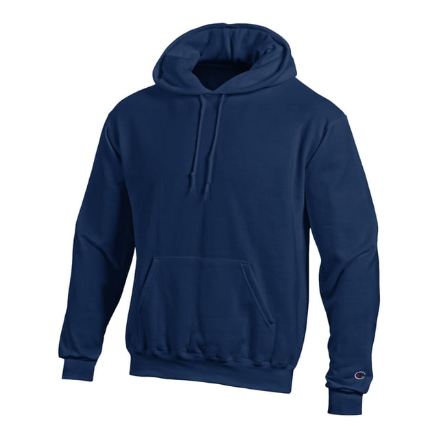 Champion Men's Double Dry Action Fleece Pullover Hoodie in navy, size M. Features a lightweight design with a front kangaroo pocket, adjustable drawstring hood, and ribbed cuffs and hem. Made with Double Dry® technology to keep the body cool and dry during workouts. The Champion logo is embroidered on the left sleeve.