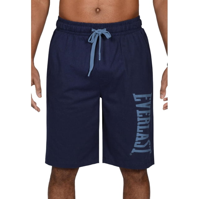 Everlast Loungewear Shorts in navy blue cotton with a light blue adjustable drawstring waist and two side pockets, featuring a large vertical Everlast logo on the left leg, suitable for casual wear and lounging at home.