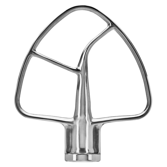 KitchenAid® Stainless Steel Flat Beater with polished stainless steel finish, designed for 4.5 and 5 quart KitchenAid tilt-head stand mixers, made from durable 100% stainless steel for mixing heavy doughs like biscuits and mashed potatoes, dishwasher safe for easy cleaning.