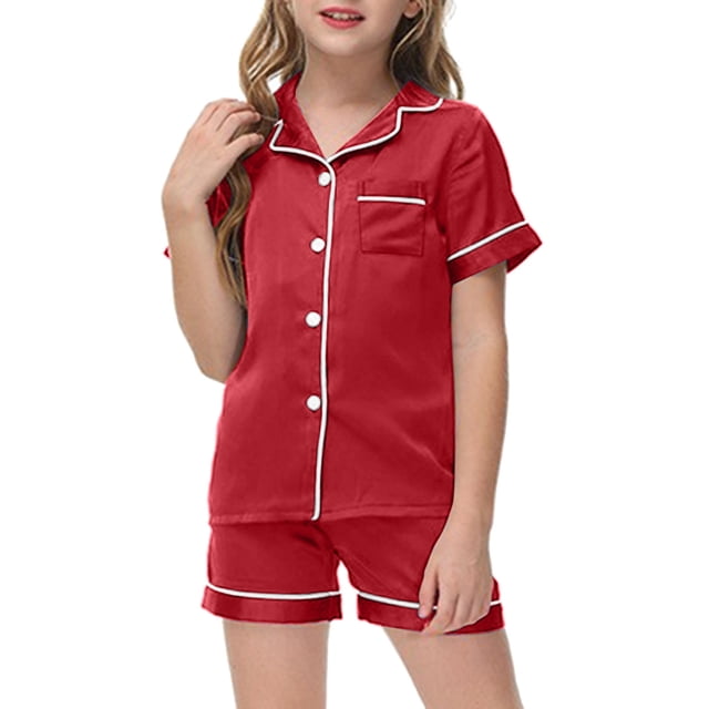 Toddler Girls Silk Pajamas Set Solid Color Button Down Tops Set Classic Pajamas Set Girls Christmas Pjs 2-3 Years Kids Clothes
