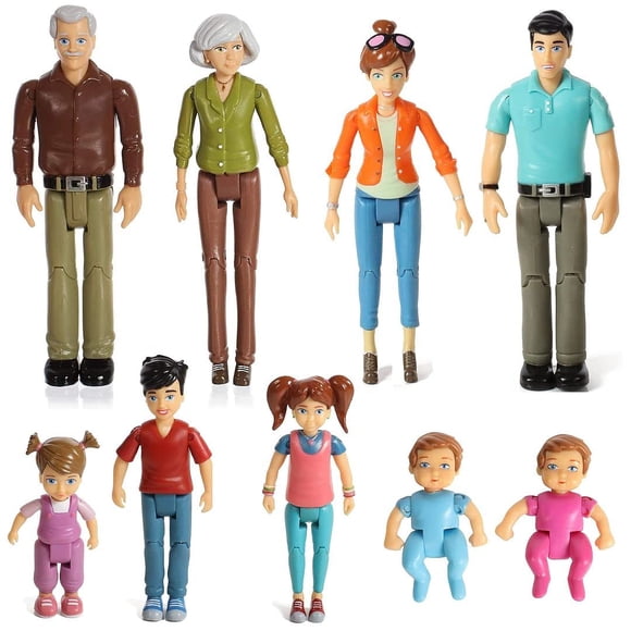 Sweet Li'l Family Dollhouse People Set of 9 Action Figure Set - Grandpa Grandma Mom Dad Sister Brother Toddler Twin Boy & Girl