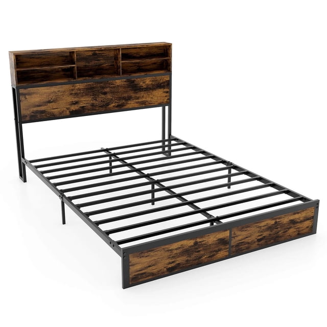 Costway Queen Bed Frame with Charging Station, featuring a rustic brown engineered wood headboard with integrated storage shelves and a sturdy black metal frame. The headboard includes two power outlets, a USB port, and a Type-C port for convenient device charging. The bed frame has metal slats for mattress support, eliminating the need for a box spring, and offers 8 inches of under-bed storage space. Non-slip foot pads and noise-free foam ensure stability and quiet use. Dimensions: 86.5 inches long, 60.5 inches wide, and 45.5 inches high.