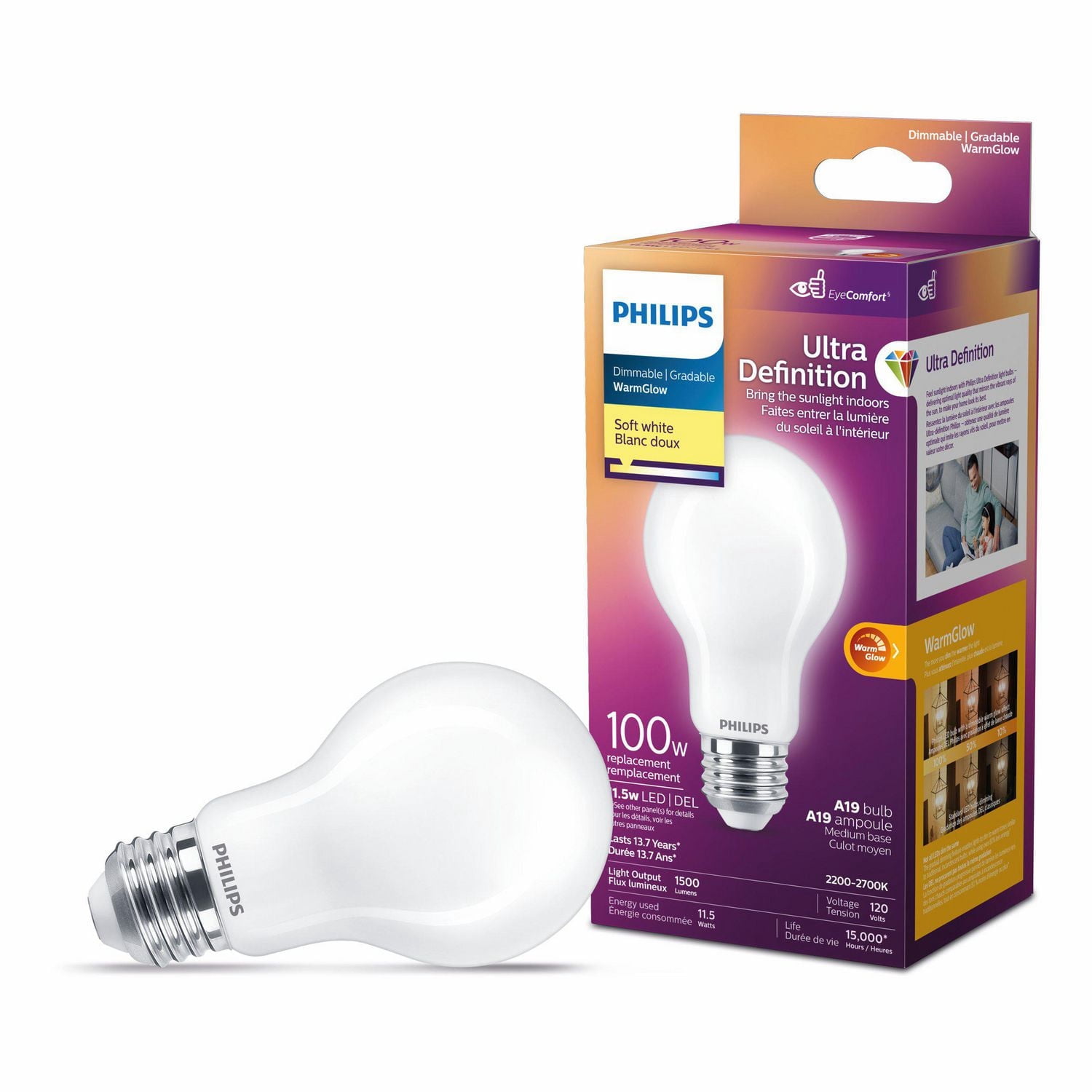PHILIPS 13.5W 100W A19 Medium Base Ultra Definition Soft White Dimmable LED Light Bulb - Frosted Glass
