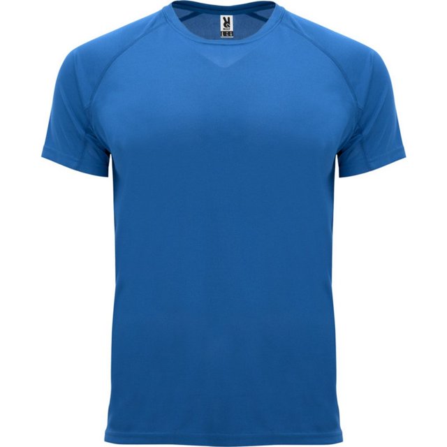 Roly Mens Bahrain Short-Sleeved Sports T-Shirt in a plain blue design, crafted from 100% polyester with interlocking knitted fabric. Designed for men's athletic wear, it features a crew neckline with covered seams, raglan short sleeves, and Control-Dry fabric technology for moisture-wicking. Certified by Oeko-Tex Standard 100 and suitable for screen-printing.