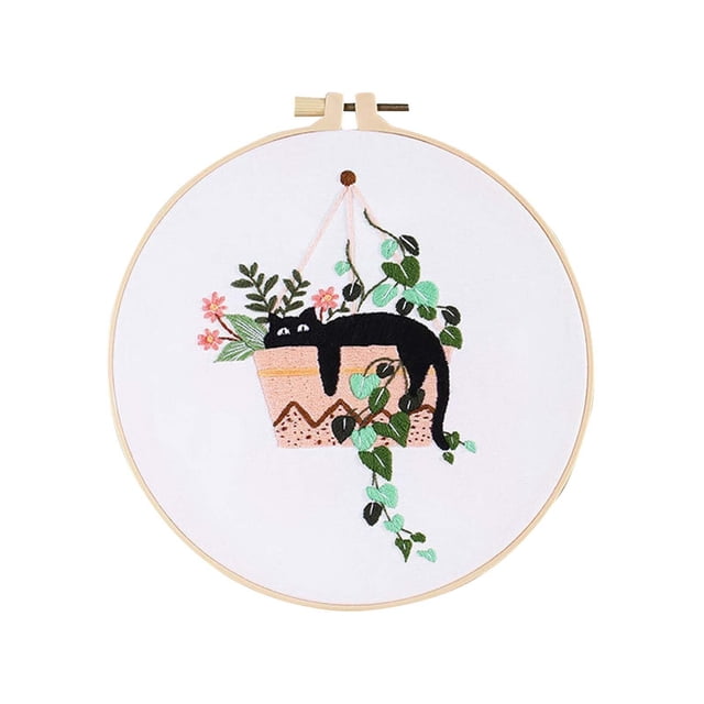 Needle and Thread Cat Hand Embroidery Kit for Beginners with Floral Modern Botanical Patterns Complete Stitching Art Set Easy Great Ideal Bundle