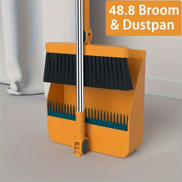 1 Set, Household Broom and Dustpan Set by GRM, featuring a durable sweeping broom with black bristles and a matching orange dustpan. The dustpan includes a comb edge for cleaning bristles and a long handle for easy use. Suitable for living rooms, bedrooms, kitchens, bathrooms, and outdoor spaces.