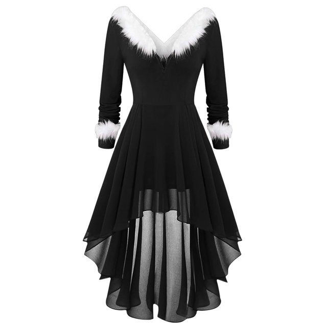 TJAZFJPA Robe en Dentelle Blanche pour Femmes, Patchwork de Noël, Col en V, Manches Longues, Robe Asymétrique, Robe Longue Noire