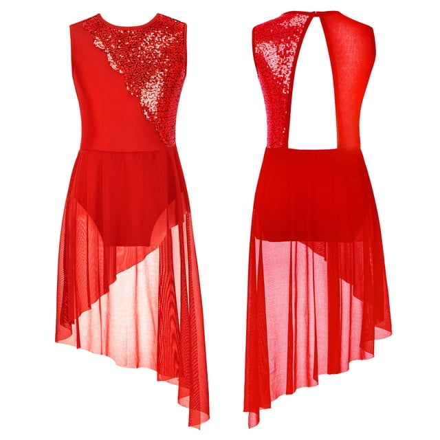 Alvivi Enfants Filles Brillant Lyrique Ballet Robe de Danse Justaucorps de Gymnastique Sans Manches Tenue de Danse Moderne Costume Rouge 16