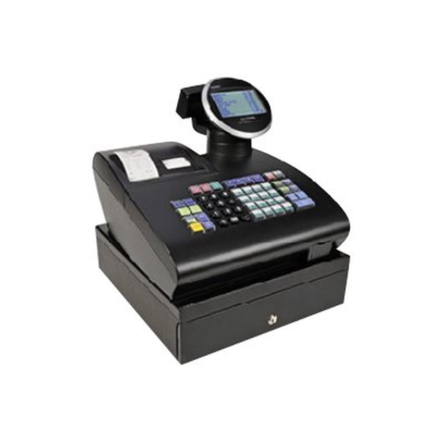 Royal Alpha 7000 ml Caisse Enregistreuse avec Clavier Alpha Multicolore, Écran Opérateur à 10 Lignes et Écran Client à 1 Ligne. Les Fonctionnalités Incluent une Imprimante Thermique, une Connexion Série pour Lecteurs de Cartes de Crédit Ou scanners de Codes-Barres, et un Tiroir à Caisse Verrouillable Robuste avec Plateau à Pièces Amovible. Conçue pour les Environnements de Vente au Détail avec 200 Départements, 10 000 PLUs, et le Calcul Automatique des Impôts pour jusqu'à 4 Taux d'Imposition.