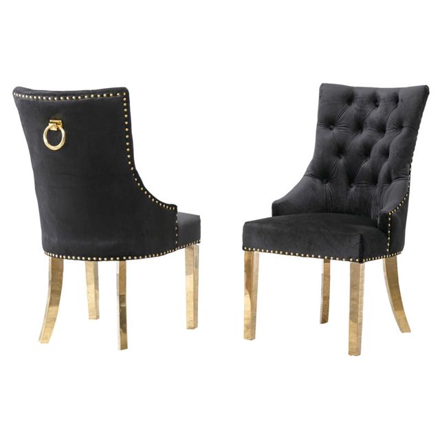 Double Tufted Black Velvet Side Chairs with Gold Stainless Steel Legs