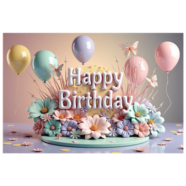 Happy Birthday Party Backdrop Banner Flower Balloons Butterfly Design for Celebration Event Kids Decoration Outdoor Indoor Festive Background