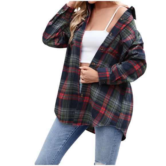 WEAIXIMIUNG V Neck T Shirts for Women Plus Size Sexy Women's Lightweight Flannel Plaid Button Down Shirts Oversized Long Sleeve Shacket Jacket Tops