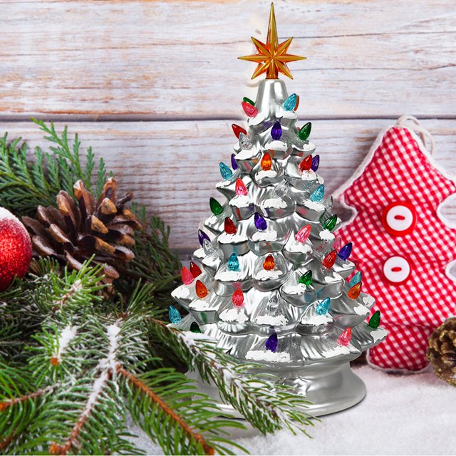Patiojoy 15" Prelit Ceramic Tabletop Christmas Tree Silver Hand-Painted Battery Powered w/ 66 Colorful Lights