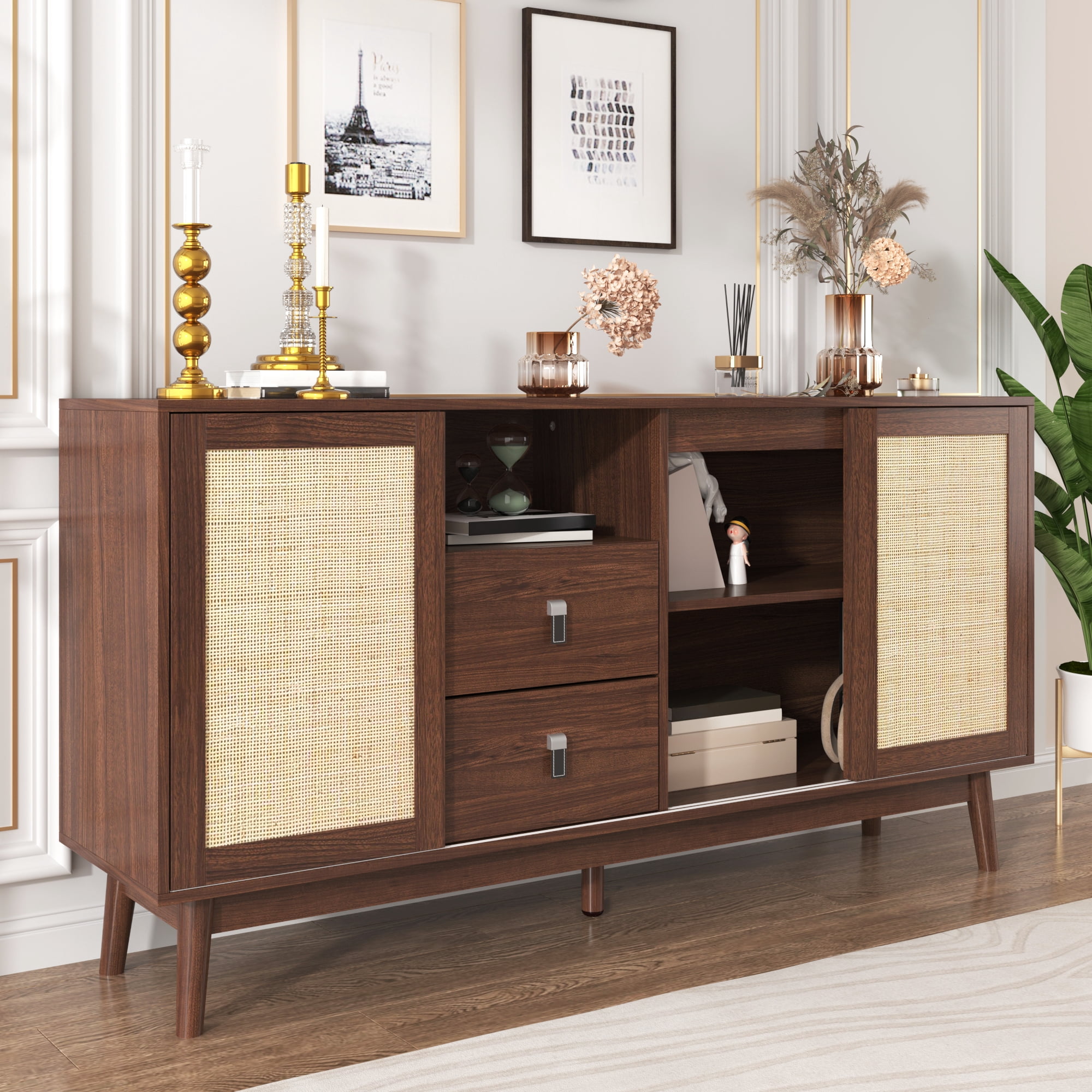 Noble House Buffet 61 Pouces avec Portes Coulissantes en Rotin Véritable et 2 Tiroirs, Armoire de Rangement Respirante et Robuste, Bois de Noyer