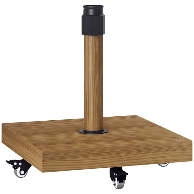 Outsunny patios Base de Parasol de Patio Support de Parasol Extérieur avec Roues Fini Bois Naturel. la Base Est en Métal Enduit de Poudre avec un Noyau en Béton pour la Durabilité et Présente une surface Aspect Bois. Elle Comprend Quatre Roues avec Freins pour la Mobilité et la Stabilité. Conçue pour s'Adapter aux Poteaux de Parasol de 1,4, 1,5 Ou 1,9 Pouce de Diamètre et aux Parasols jusqu'à 9,8 Pieds de Diamètre. Convient aux Espaces Extérieurs comme les, les Jardins et les Zones au Bord de la Piscine.