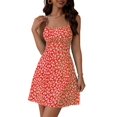 thumbnail image 2 of Robe Courte d'Été pour Femme à Petites Fleurs, Dos Nu, Dos à Nouer, Sans Manches, Rouge, TTG, 2 of 7
