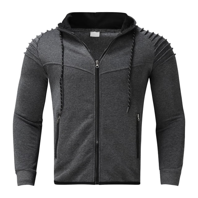 Veste Cardigan à Capuche pour Homme à Manches Longues Repliées d'Automne, Couleur Gris Foncé Uni. Ce Chandail à Capuchon pour Homme Présente une Fermeture Éclair à l'Avant, des Détails Côtelés sur les Épaules et des Cordons de Serrage Ajustables sur la Capuche. Fabriqué en Tissu Éponge, Convient aux Saisons de Printemps, d'Automne et d'Hiver. Taille TG avec Buste 106 cm, Épaule 45 cm, Longueur 72 cm et Manche 71 cm.