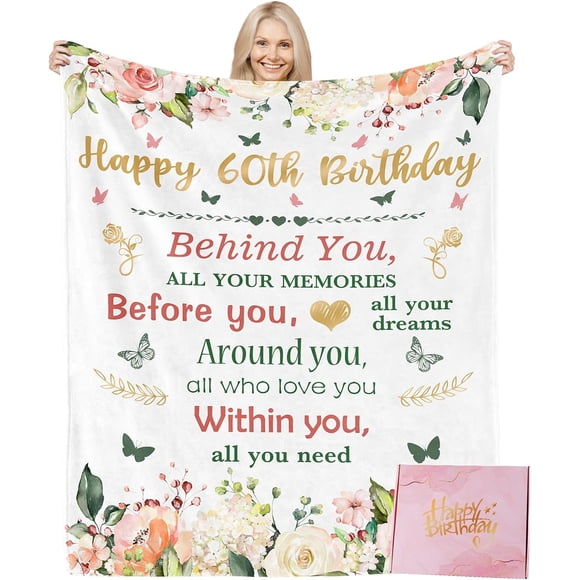 XZYG Happy 60th Birthday Gifts for Women with Gifts Box Gifts for 60 Year Old Woman 60 Birthday Gifts Ideas for Her Gifts for Women Turning 60 Birthday Decorations Blanket (White)(60*80inch)