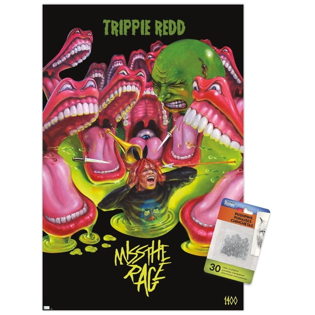 Trippie Redd - Miss the Rage Wall Poster with Magnetic Frame, 22.375" x 34" featuring surreal artwork of multiple large pink open mouths with white teeth and tongues surrounding a green face and a figure submerged in green liquid, with bold yellow 'Miss the Rage' text on a black background, ideal for striking home décor or party wall art.
