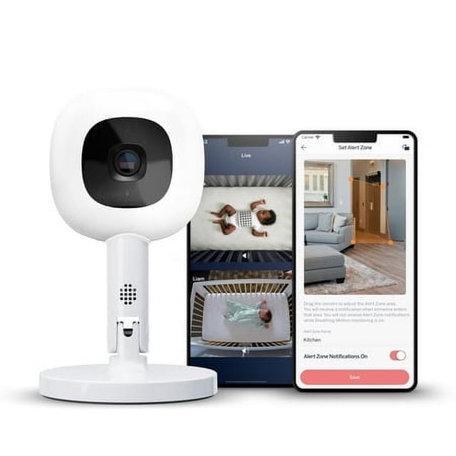 Nanit Pro Smart Baby Monitor & Flex Stand with a white 1080p HD Wi-Fi video camera offering night vision, sensor-free sleep and breathing motion tracking, and 2-way audio. Displayed alongside two smartphones showing live feeds of a baby in a crib and an alert zone setup in a living room. Ideal for monitoring baby sleep and safety, with sound and motion alerts and a breathing band included.