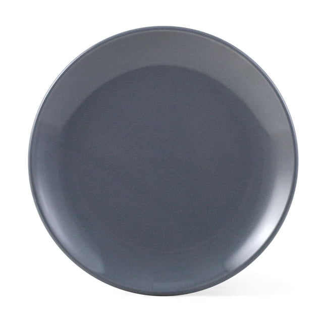 Mainstays Glazed Grey Round Stoneware Dinner Plate, 10.3 inches, shown in a centered top-down view with a smooth glazed grey stoneware finish and minimalist design, dishwasher and microwave safe, suitable for everyday dining and special occasions.