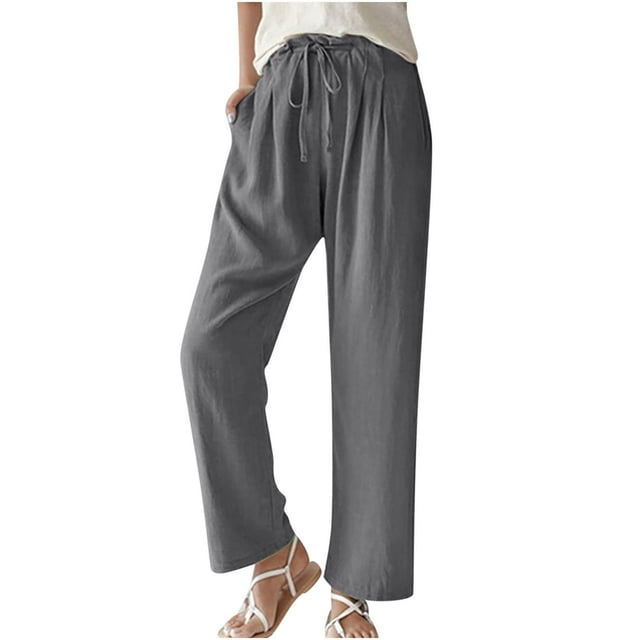 Womens Casual Linen Pants Straight Leg Drawstring Elastic High Waist Loose Comfy Trousers with Pockets