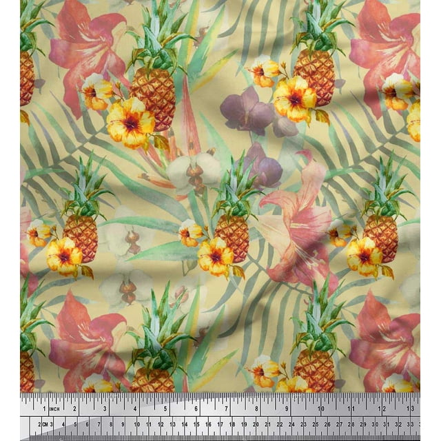 Soimoi Tissu Satin Modal Beige Imprimé Lys & Fruits de Pin Tissu au Mètre 42 Pouces de Large