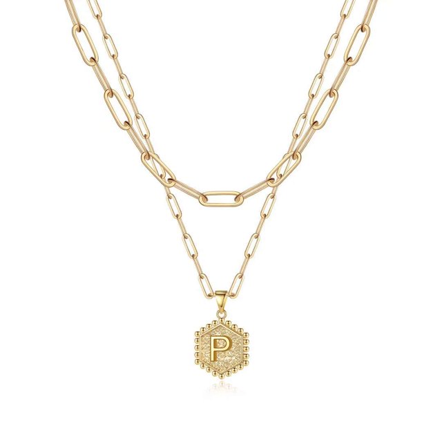 Colliers à Initiale Superposés pour Femmes, Collier Chaîne Trombone Simple Mignon Pendentif Lettre Hexagone Collier Ras-du-Cou à Initiale Colliers Superposés Dorés pour Femmes, PGold