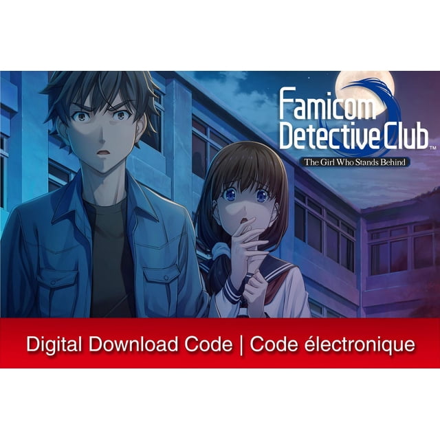 Famicom Detective Club: The Girl Who Stands Behind - Nintendo Switch digital download code cover art showing a young girl with brown hair and blue eyes in a Japanese sailor school uniform standing outside a school building at night under a full moon, alongside a male figure wearing a blue jacket, reflecting the game's suspenseful visual novel setting.