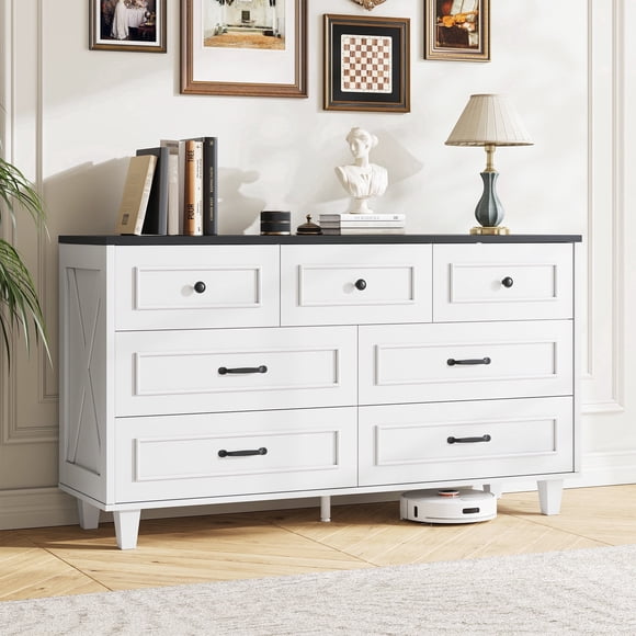 MARNUR Commode Rustique 52 Pouces à 7 Tiroirs pour Chambre, Trousse Anti-Basculement, Glissières Lisses et Silencieuses, Robuste pour Salon, Blanc et Noir