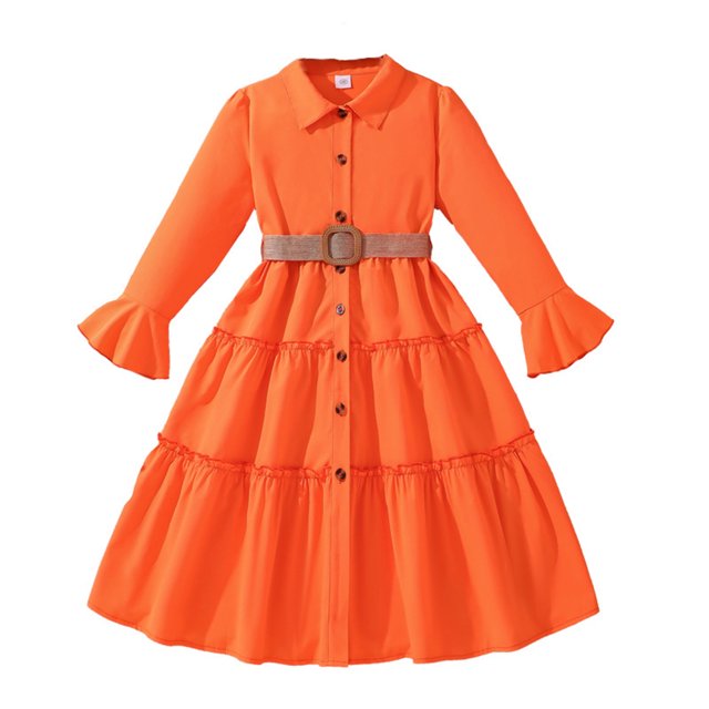 2025 Girls Dress Fall Long Sleeve Tiered Flared Flowy Bphp Floral Midi Dresses Orange