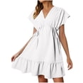 thumbnail image 2 of Offres jusqu'à 70 % de Rabais! Fashiopn Hauts d'Été pour Femmes 2024 Robes Grande Taille Manches Courtes Col en V Cordon Décontracté à Volants Robe Trapèze Courte Cadeau pour Femmes en Solde, 2 of 9