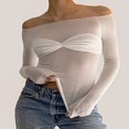 thumbnail image 3 of Women Tops Solid Color Off Shoulder Flared Long Sleeve T-Shirts, 3 of 4