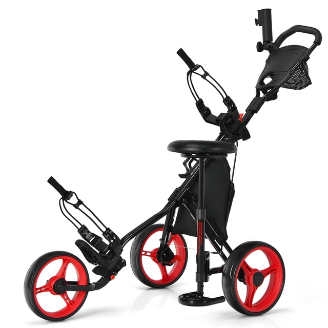 Goplus Chariot Poussé de Golf Pliant à 3 Roues en Rouge avec Cadre en Acier Robuste, Poignée Ajustable et Siège Coussiné. Comprend des Roues Arrière de 10,5 Pouces, une Roue avant de 9,5 Pouces, un Frein au Pied et un design Pliable pour un Rangement Facile. Comprend un Sac de Rangement, un Porte-Parapluie, un Porte-Boisson et un Tableau de Bord Professionnel.