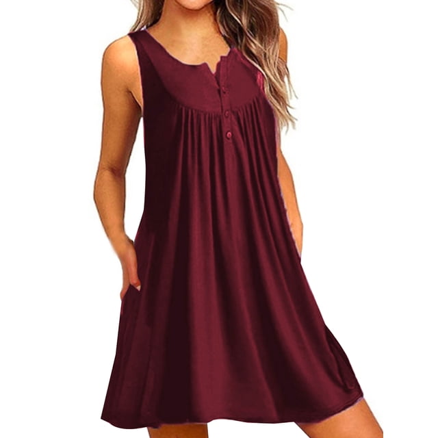 Innerwin Mini Dress Button Women Sundress Beach Solid Baggy Bohemian Red Wine L