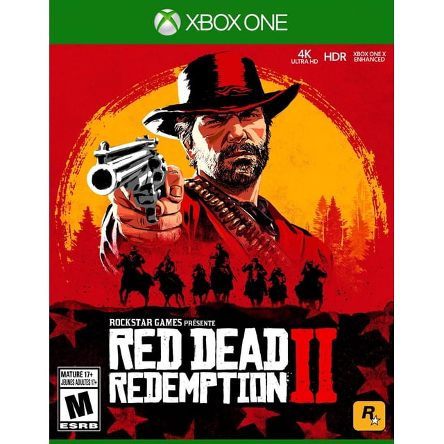 Red Dead Redemption 2 Couverture de Jeu Xbox One Mettant en Vedette un cowboy au Chapeau Noir et un Chandail Rouge Orientant un revolver vers l'Avant, sur Fond Circulaire Rouge et Jaune avec des silhouettes de six Cavaliers Chevaux, logo Xbox One en Haut, et Image de Marque Rockstar Games avec Étiquettes 4K Ultra HD et HDR.
