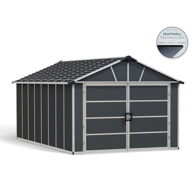 CANOPIA by PALRAM Yukon 11 ft. x 17 ft. dark grey storage shed and garage with UV-protected high-impact polycarbonate multiwall panels and a silver aluminum frame, featuring extra-wide double front doors with black handles and a pitched roof that allows natural light while providing weather resistance, ideal for storing small vehicles, motorcycles, or outdoor equipment.