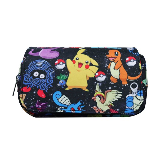 Lnyulong Pokemon Pikachu Pencil Case, a high-quality multicolor stationery case featuring a vibrant design with Pikachu and other popular Pokemon characters like Charmander, Squirtle, and Pidgeotto on a black background with a starry pattern. The compact and portable case is ideal for students, offering spacious compartments for pencils, crayons, erasers, and other school supplies. Made from durable materials, it is easy to clean and maintain.
