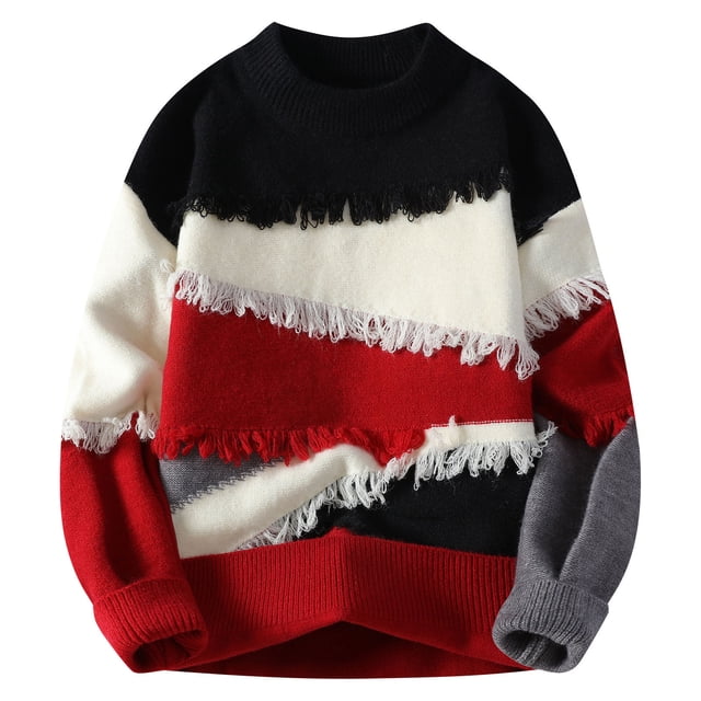 Pisexur Sweaters Men Soft and Comfortable Fall Sweaters Men Casual Printing Round Neck Solid Color Long Sleeve Striped Knit Sweater Red,M