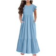thumbnail image 1 of Huvoen Maxi Robe pour Filles Mode Filles Été Nouvelle Manches Courtes Col Rond Robe de Couleur Unie Bleu 12 Ans, 1 of 6