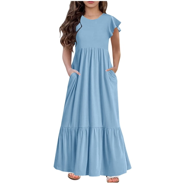 Huvoen Maxi Robe pour Filles Mode Filles Été Nouvelle Manches Courtes Col Rond Robe de Couleur Unie Bleu 12 Ans