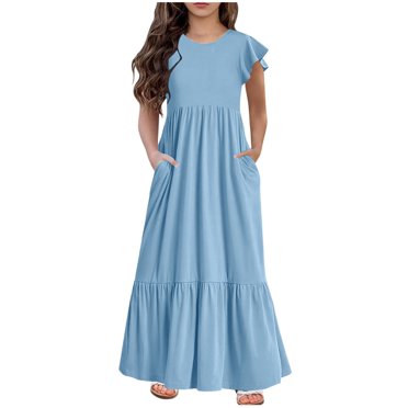 yoeyez Girls Dresses Size 14-16 Summer Tween Girls Ruffle Short Sleeve Dresses Crew Neck Loose Casual Flowy Tiered Maxi Dress with Pockets Dress for Girls Light Blue,12-13 Years