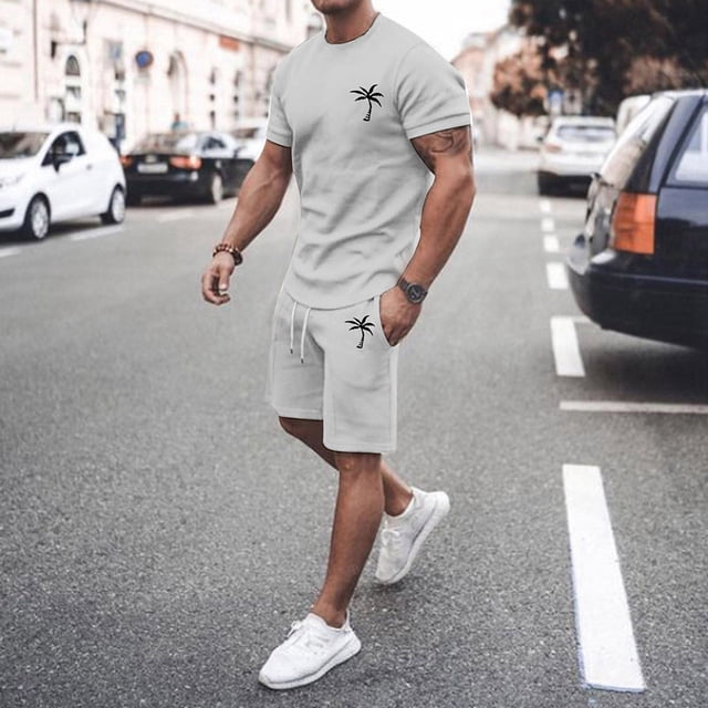 Ensemble de Survêtement d'Été Soigné pour Hommes/grande Taille Manches Courtes Col Rond Ensemble Athlétique/ Survêtement Décontracté à Blocs de Couleur Taille