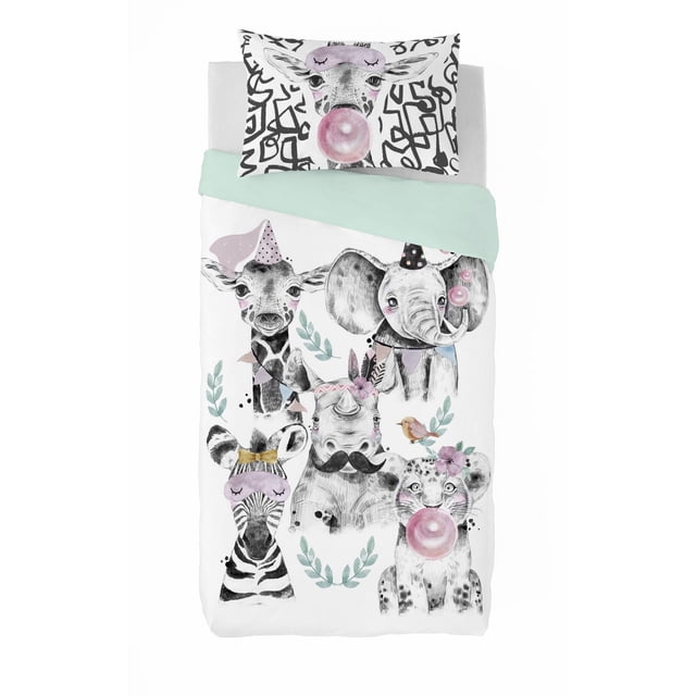 Gouchee Home Lika Twin 2-Piece Duvet Cover Set with reversible animal print cotton bedding featuring black and white sketches of a giraffe, elephant, zebra, rhino, and leopard cub wearing party hats and sleep masks, accented with bubble gum bubbles and floral details on white, with a mint green reverse side, made from breathable 100% Oeko-Tex certified cotton percale, ideal for mattresses up to 15 inches deep.