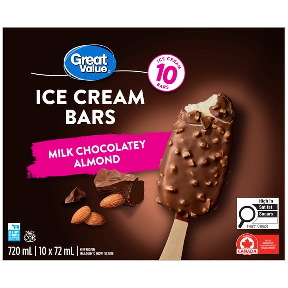 Barres de crème glacée chocolatées au lait et aux amandes Great Value 720 ml (10 x 72 ml)