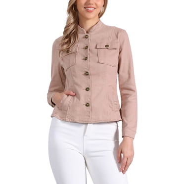 INSPIRE CHIC Women's Denim Jackets Stand Collar Long Sleeves Short Jean Jackets Pink XS