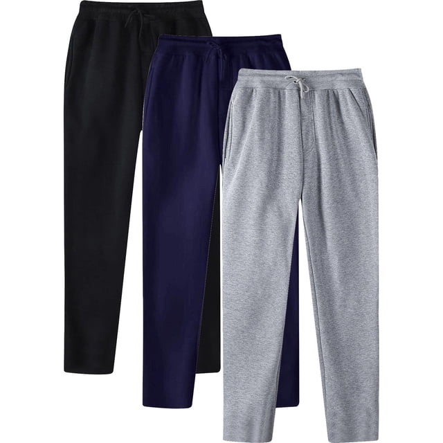 AherBiu 3PCS Sweatpants for Men featuring fleece lightweight fabric, drawstring elastic waistband, and pockets. Includes three pairs in black, navy blue, and grey. Designed for athletic, gym, or casual use, these joggers offer comfort and durability.
