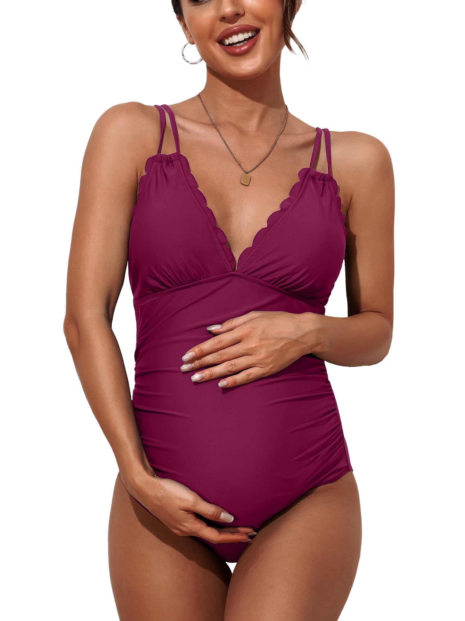Ruched Side One Piece Swimsuit for Maternity V Neck Pregnancy Swimwear Modest Bath Suit